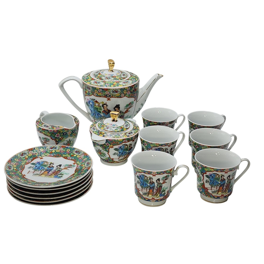 Vintage Chinese Porcelain Tea Set 17 Pc Geisha Style Floral Pattern Gold Trim